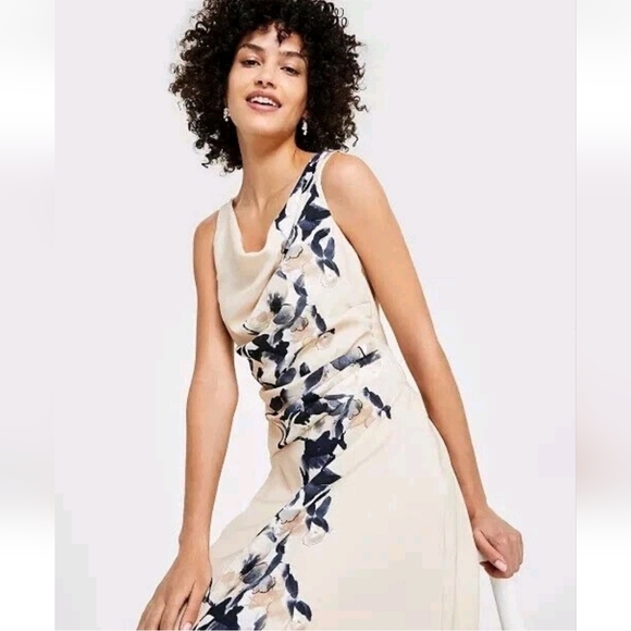 DKNY Womens Cocktail Midi Dress Fit & Flare Floral Beige Multi-Color SIZE 8 - Picture 4 of 6